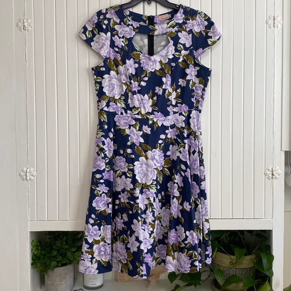 Navy Blue Floral Midi Dress - Large - Picture 1 of 8